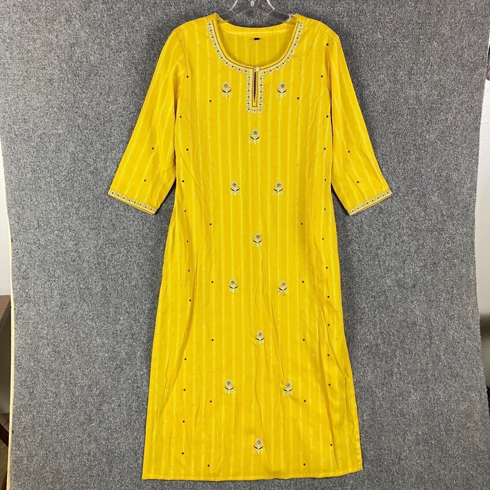 Indian Dress Women's Size 42 USA Medium 3/4 Sleeve Yellow Maxi‎ Formal Party